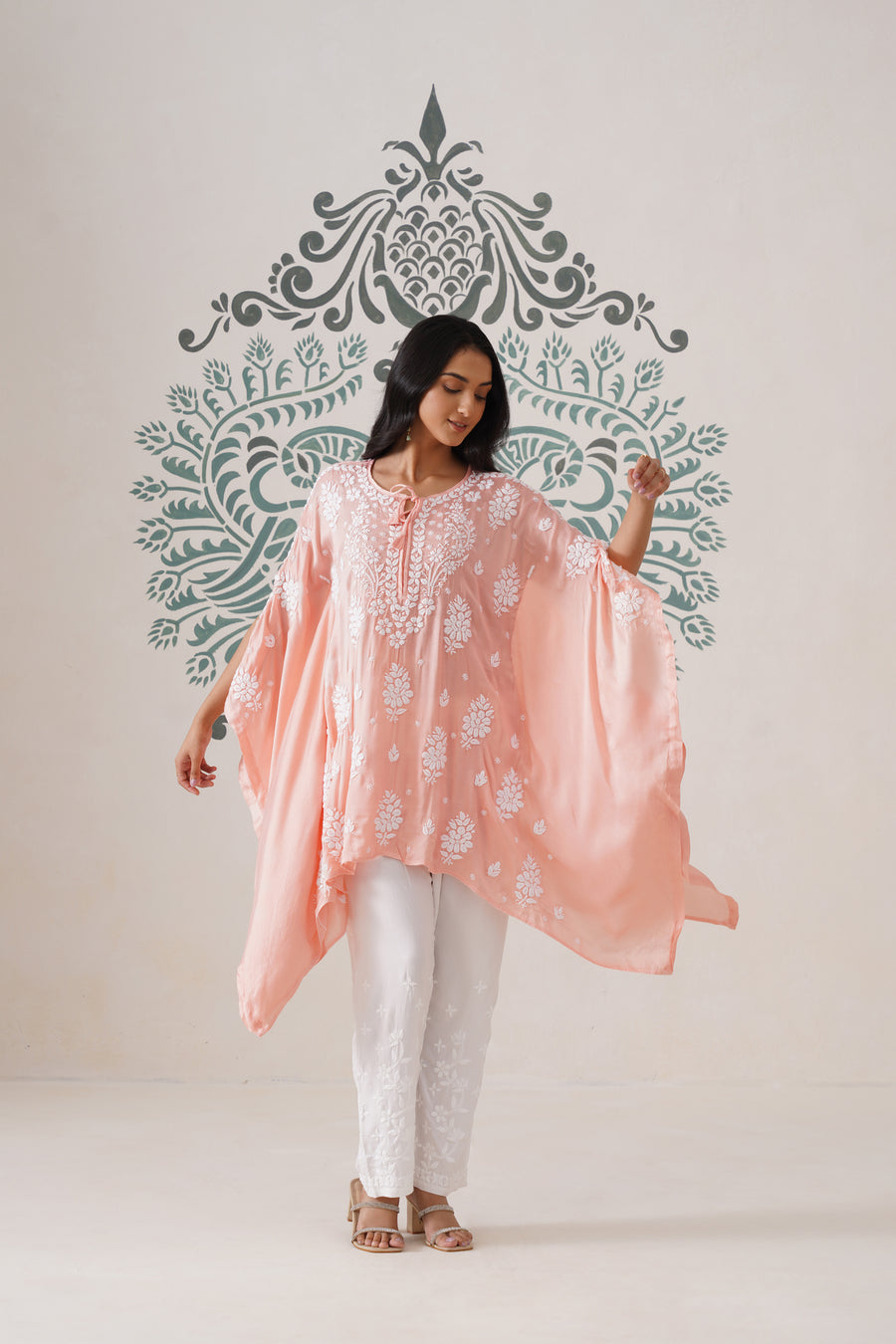 Modal Chikankari Kaftan - Coral Peach