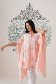 Modal Chikankari Kaftan - Coral Peach