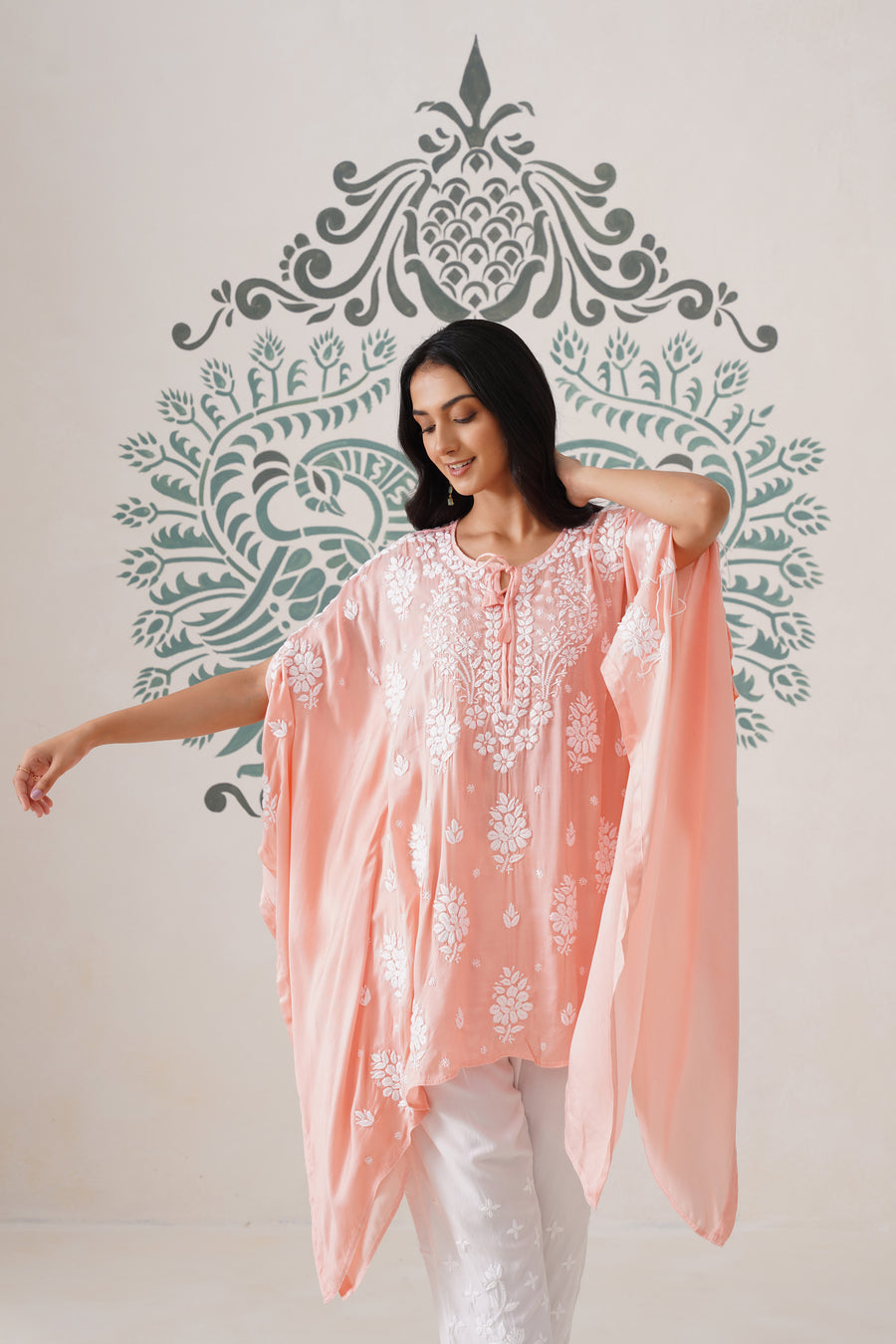 Modal Chikankari Kaftan - Coral Peach
