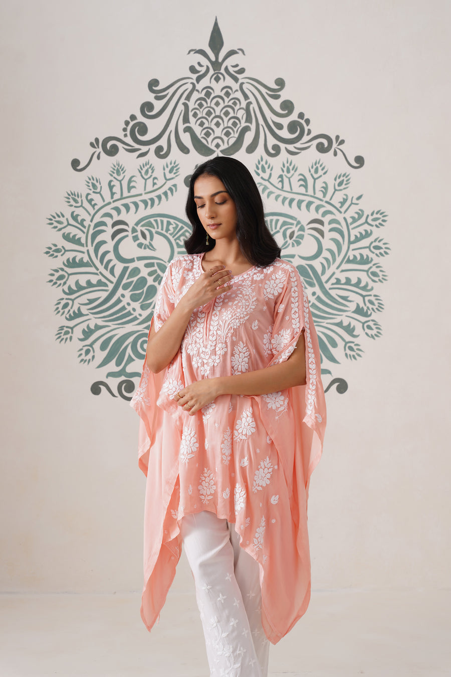 Modal Chikankari Kaftan - Coral Peach