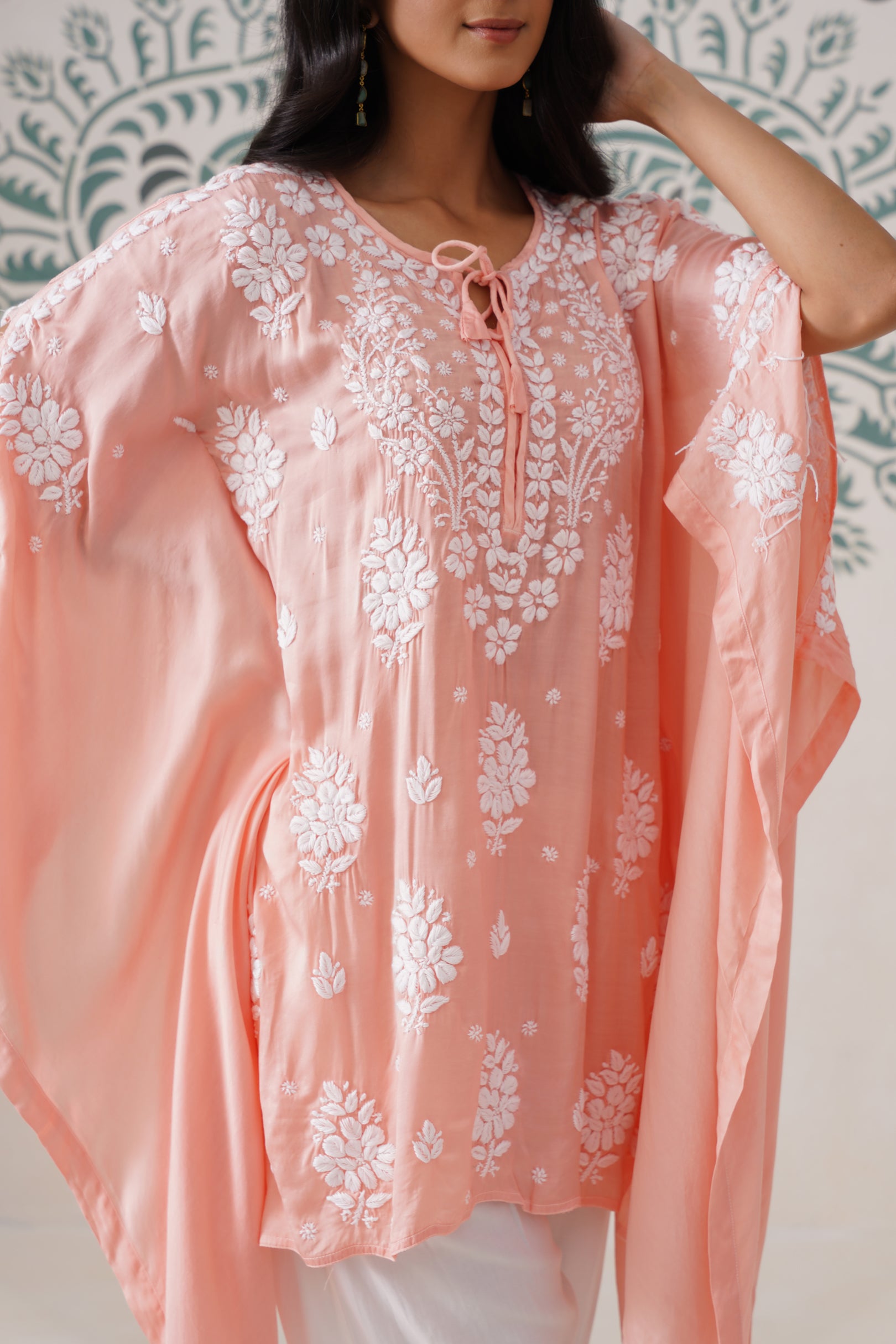 Modal Chikankari Kaftan - Coral Peach