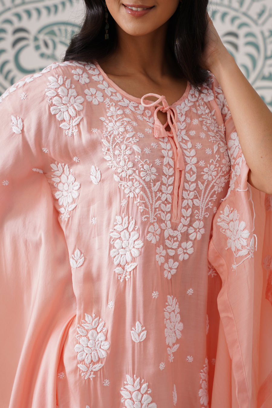 Modal Chikankari Kaftan - Coral Peach