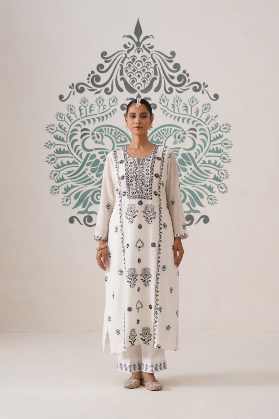 Chikankari Mul Chanderi 3pc Suit - White and Black