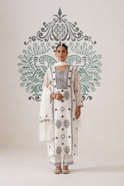 Chikankari Mul Chanderi 3pc Suit - White and Black