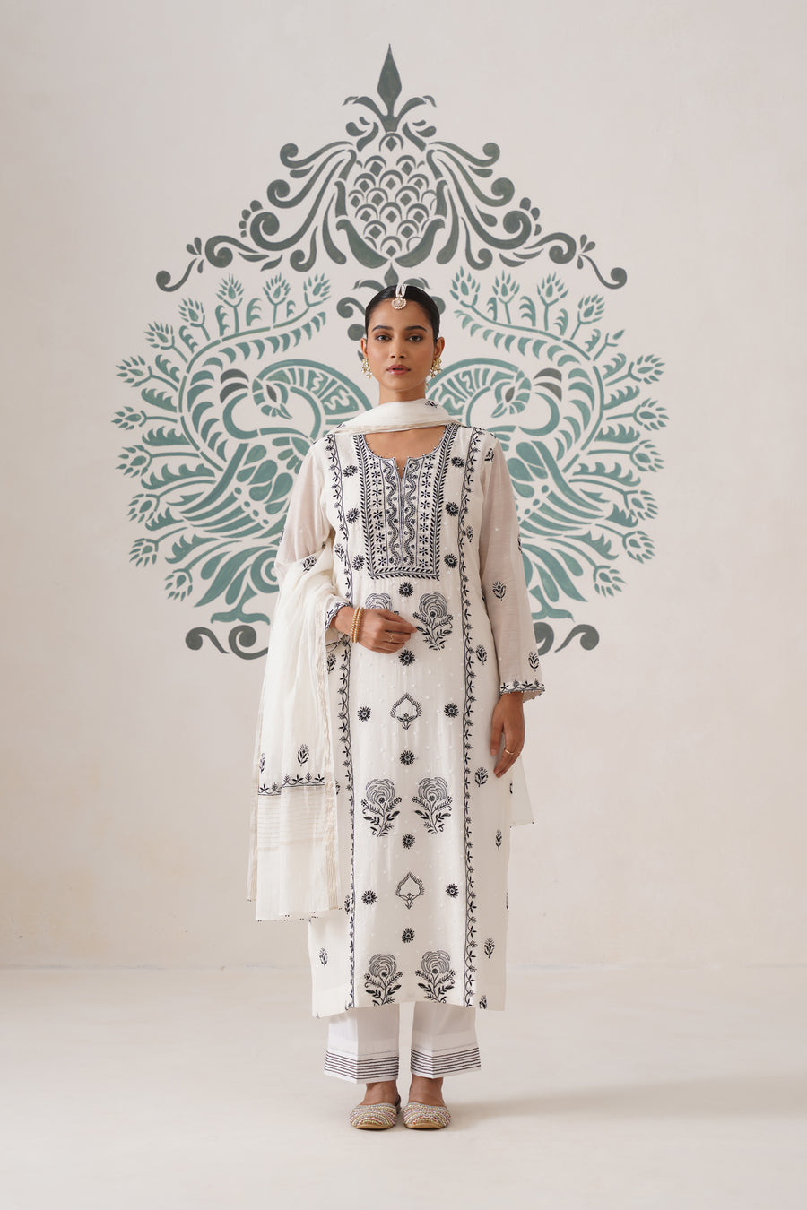 Chikankari Mul Chanderi 3pc Suit - White and Black
