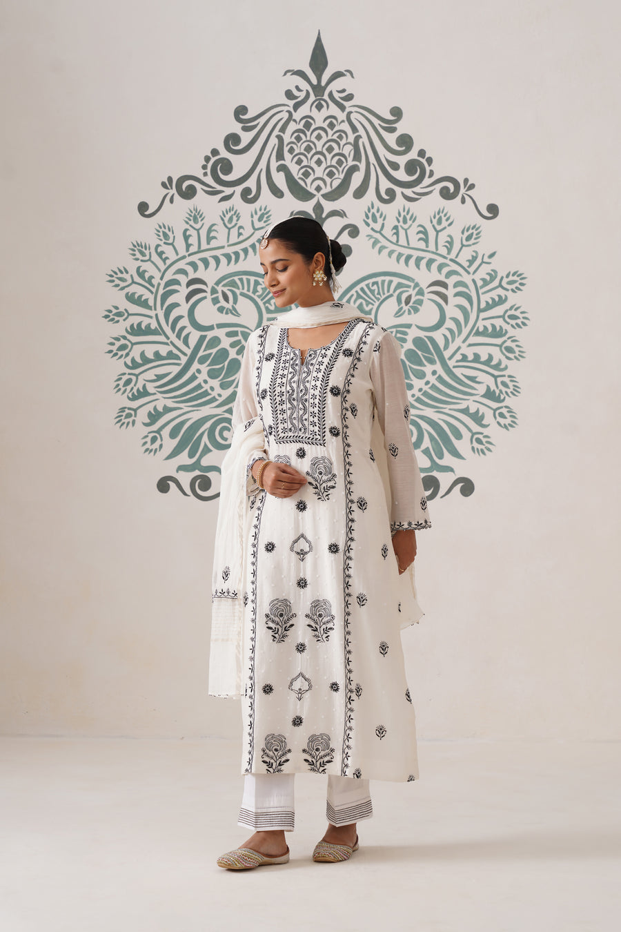 Chikankari Mul Chanderi 3pc Suit - White and Black