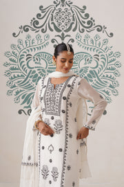 Chikankari Mul Chanderi 3pc Suit - White and Black