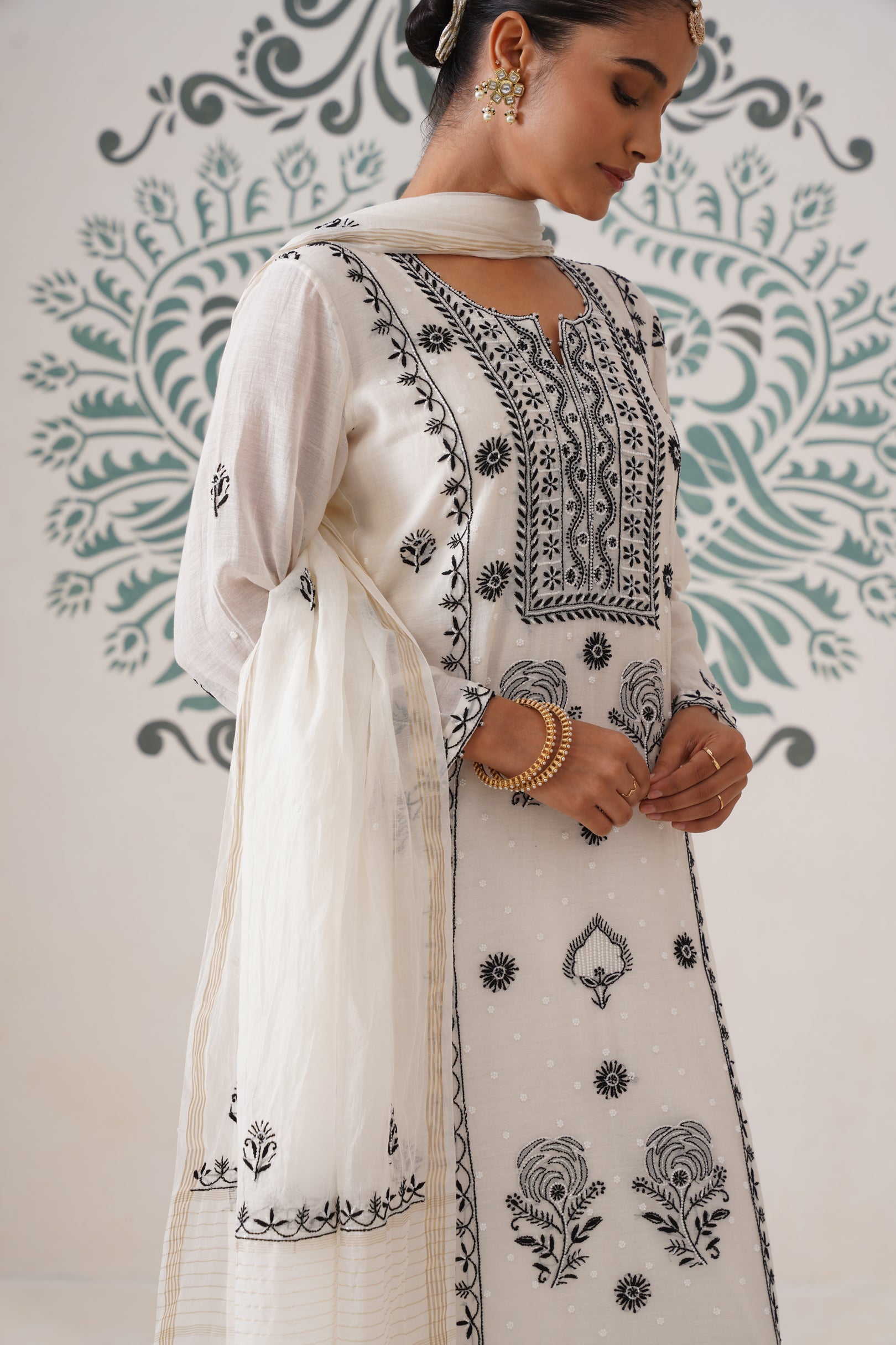 Chikankari Mul Chanderi 3pc Suit - White and Black