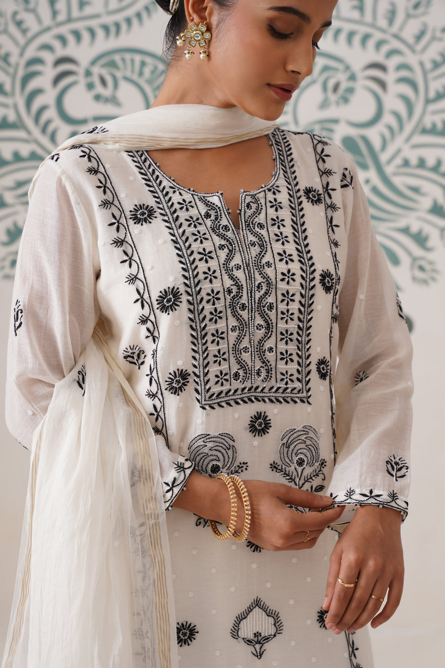 Chikankari Mul Chanderi 3pc Suit - White and Black