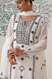 Chikankari Mul Chanderi 3pc Suit - White and Black