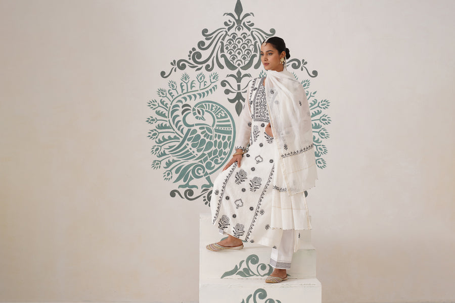 Chikankari Mul Chanderi 3pc Suit - White and Black