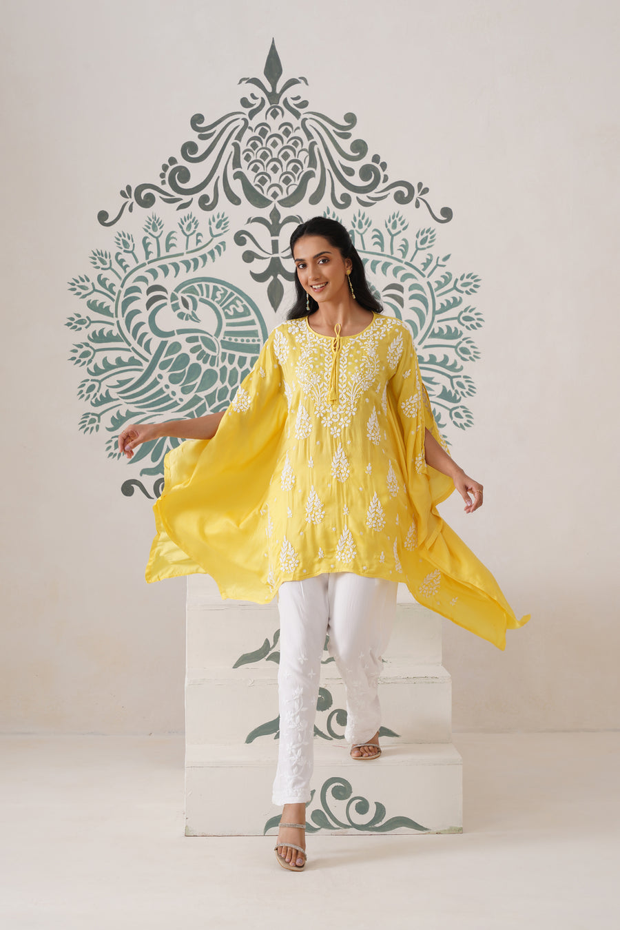Modal Chikankari Kaftan - sunshine yellow