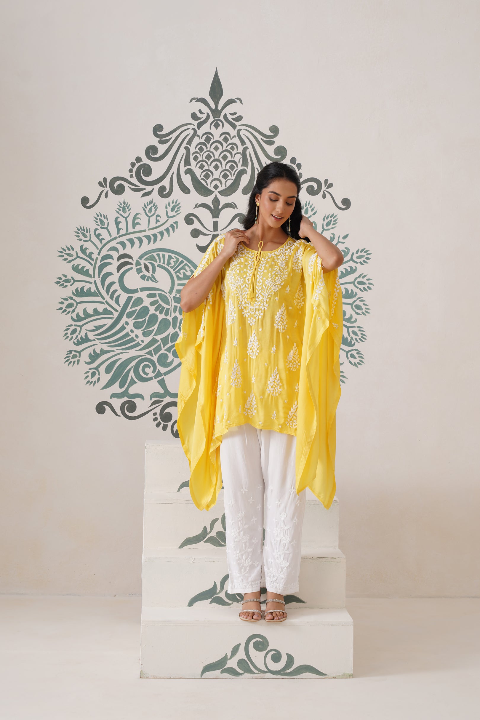 Modal Chikankari Kaftan - sunshine yellow