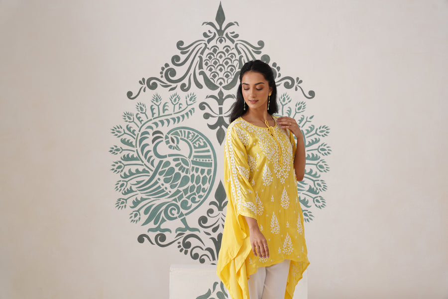 Modal Chikankari Kaftan - sunshine yellow