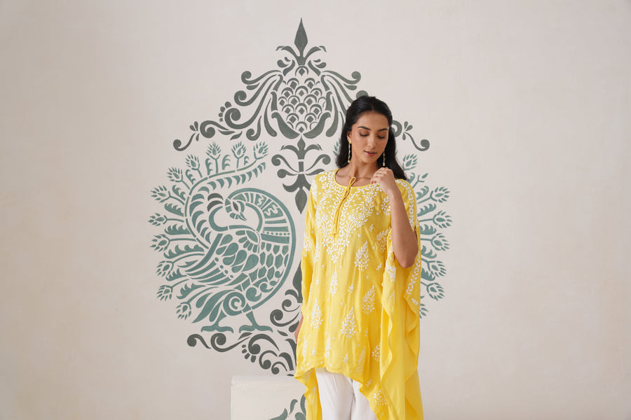Modal Chikankari Kaftan - sunshine yellow