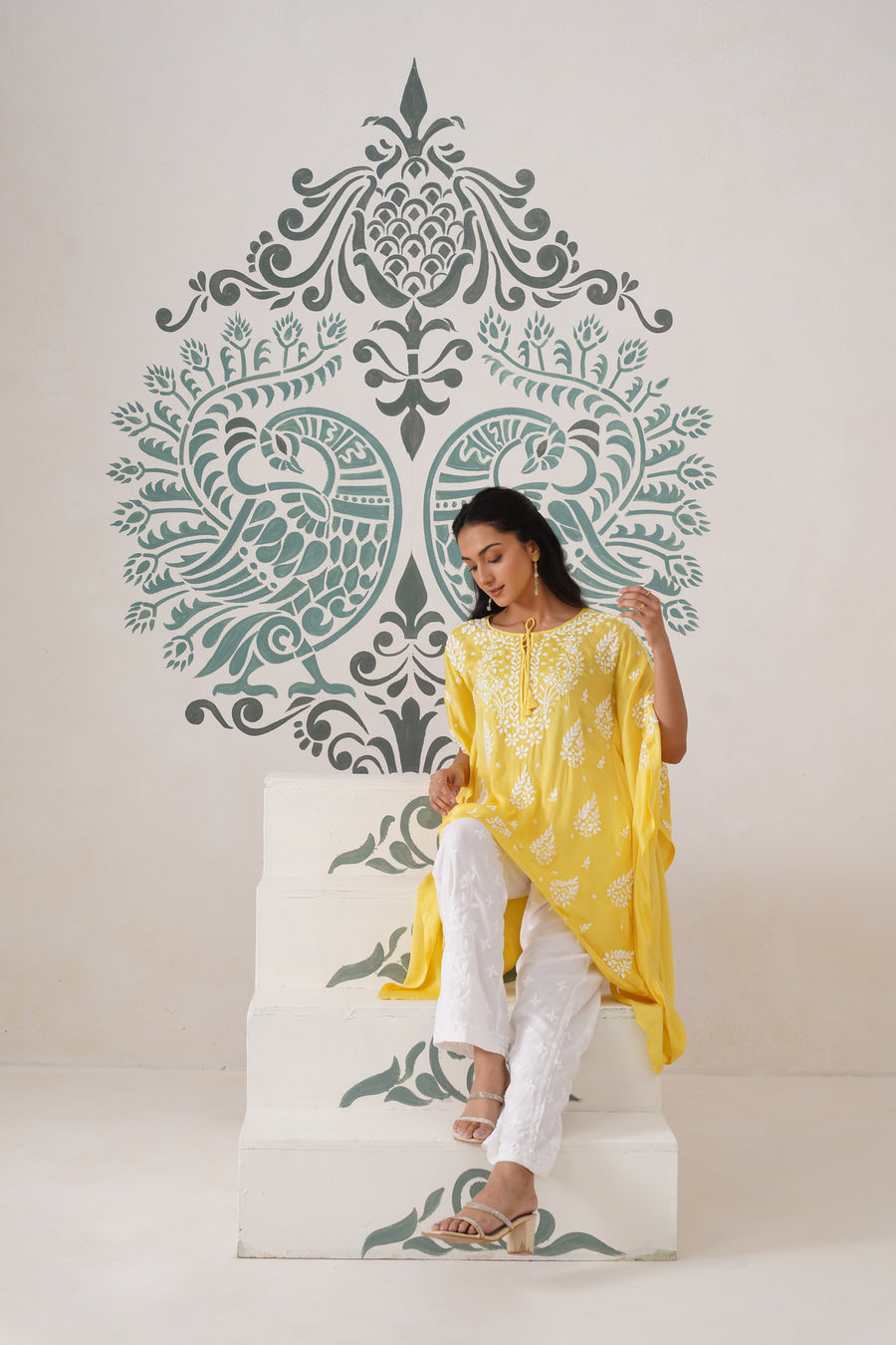 Modal Chikankari Kaftan - sunshine yellow