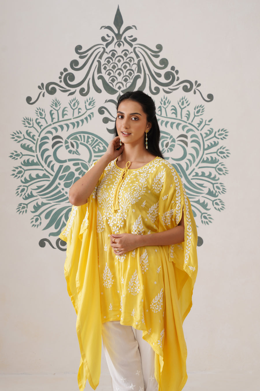 Modal Chikankari Kaftan - sunshine yellow