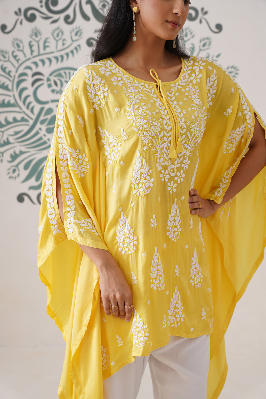 Modal Chikankari Kaftan - sunshine yellow