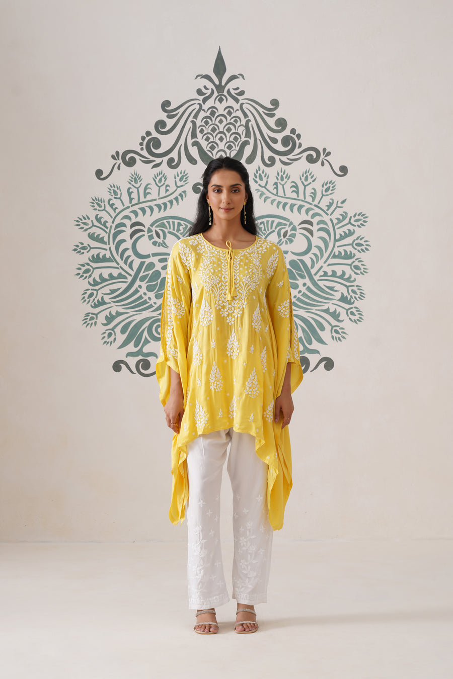 Modal Chikankari Kaftan - sunshine yellow