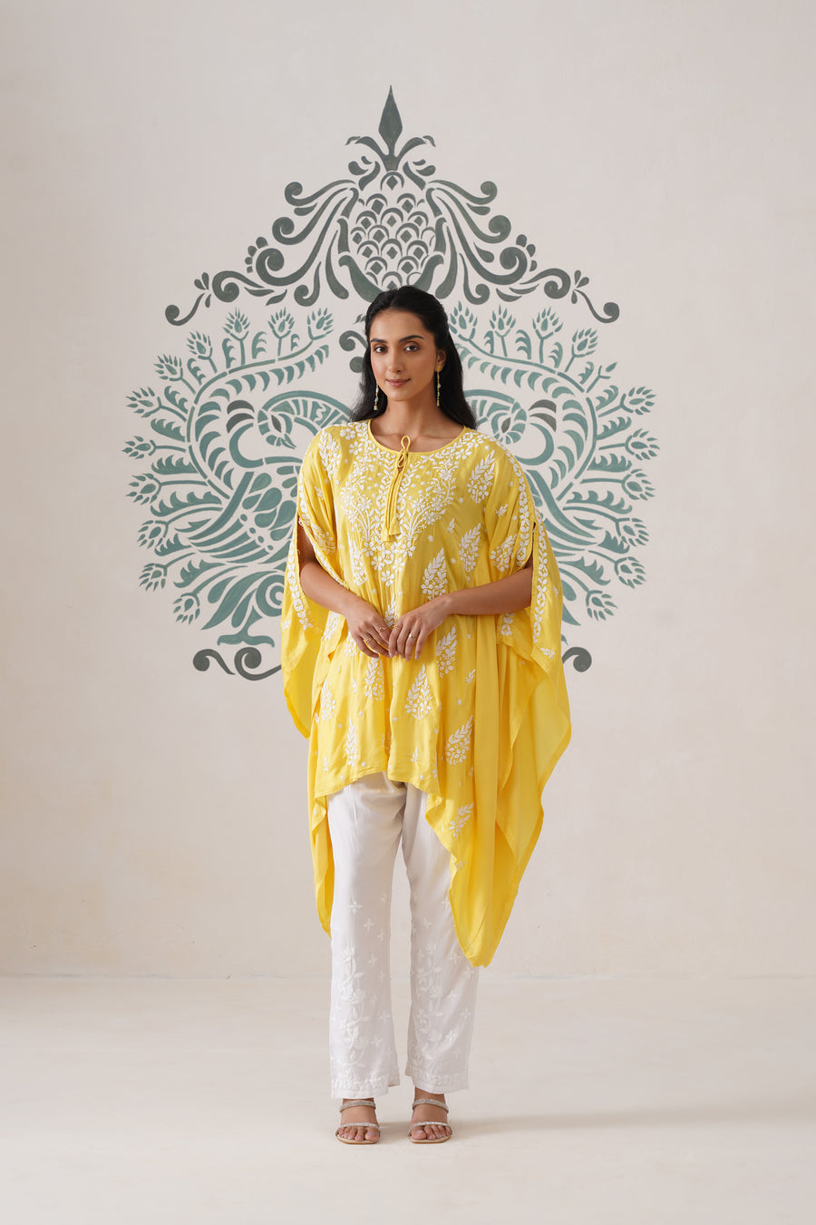 Modal Chikankari Kaftan - sunshine yellow