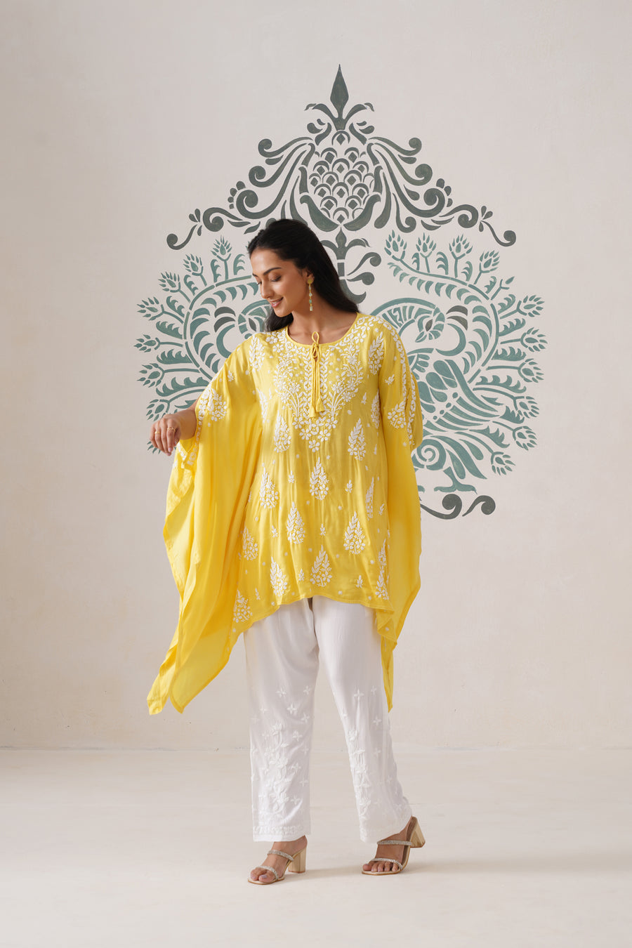 Modal Chikankari Kaftan - sunshine yellow