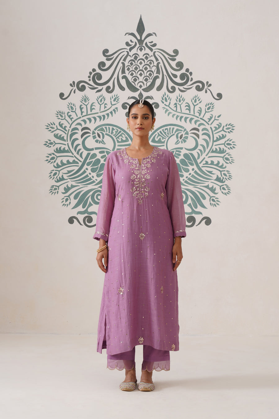 Chikankari Mul Chanderi 3pc Suit - Opera Mauve