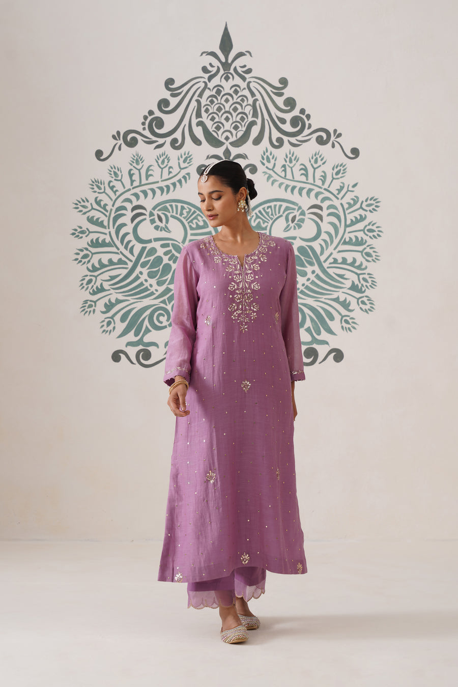 Chikankari Mul Chanderi 3pc Suit - Opera Mauve