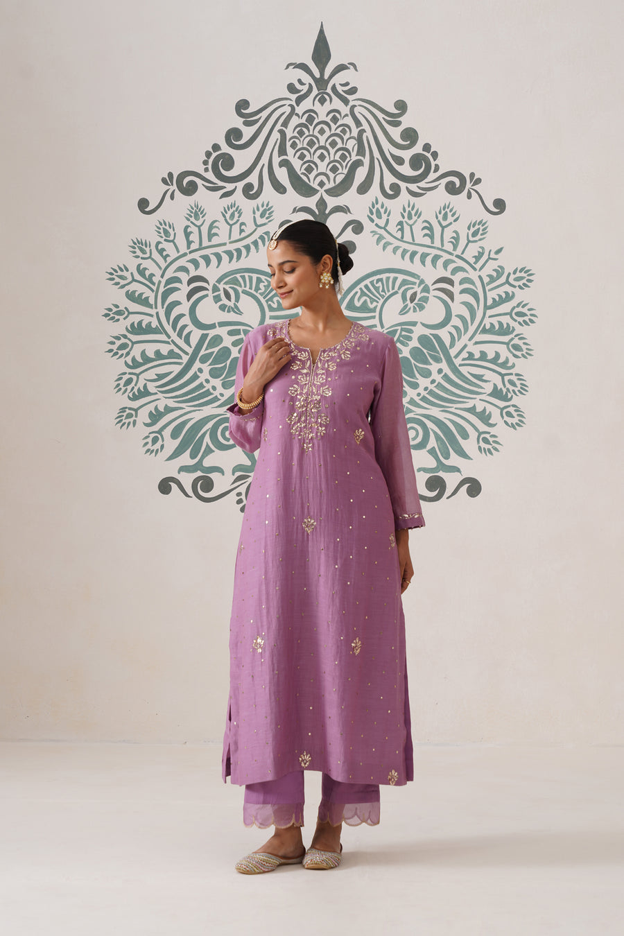 Chikankari Mul Chanderi 3pc Suit - Opera Mauve