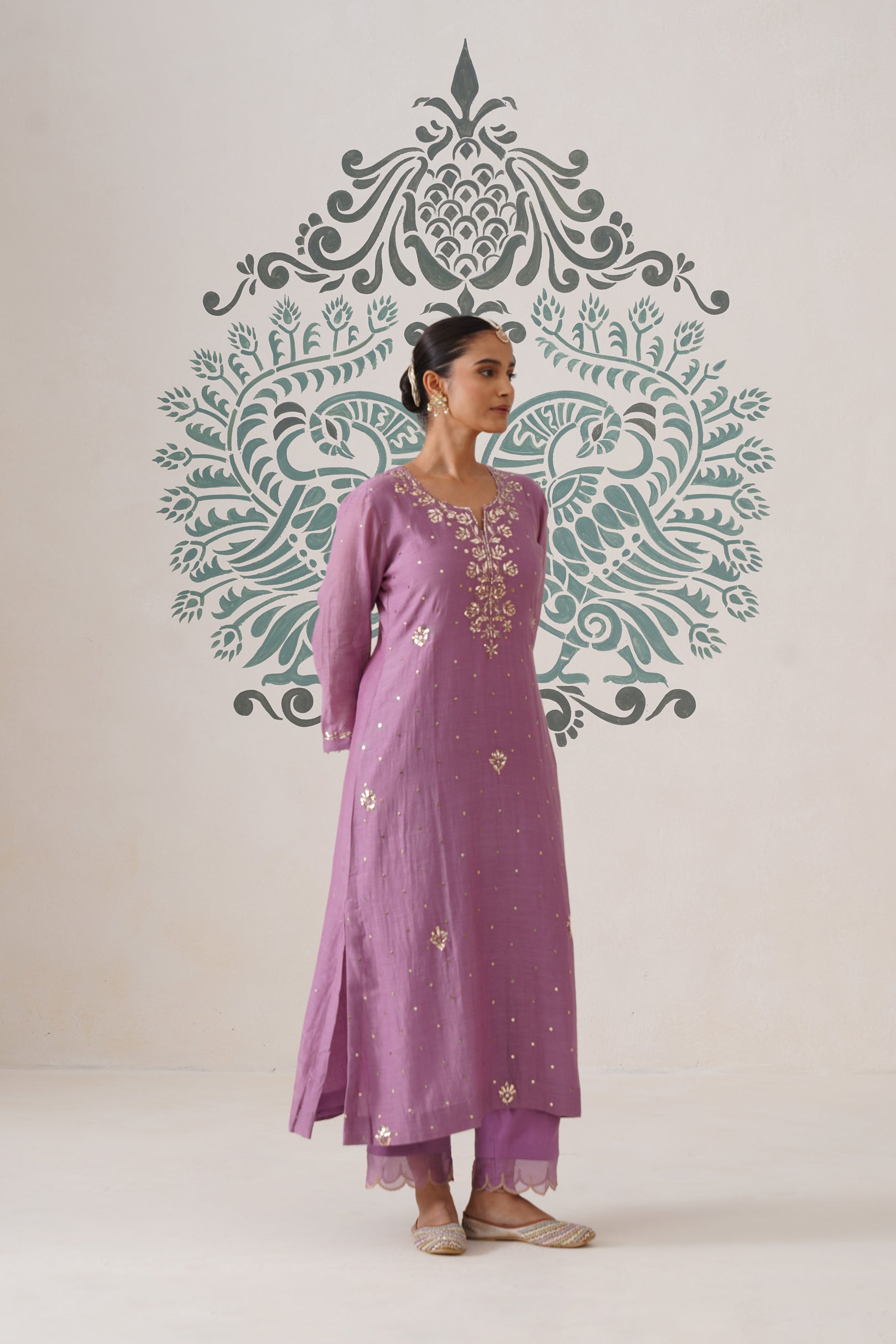 Chikankari Mul Chanderi 3pc Suit - Opera Mauve