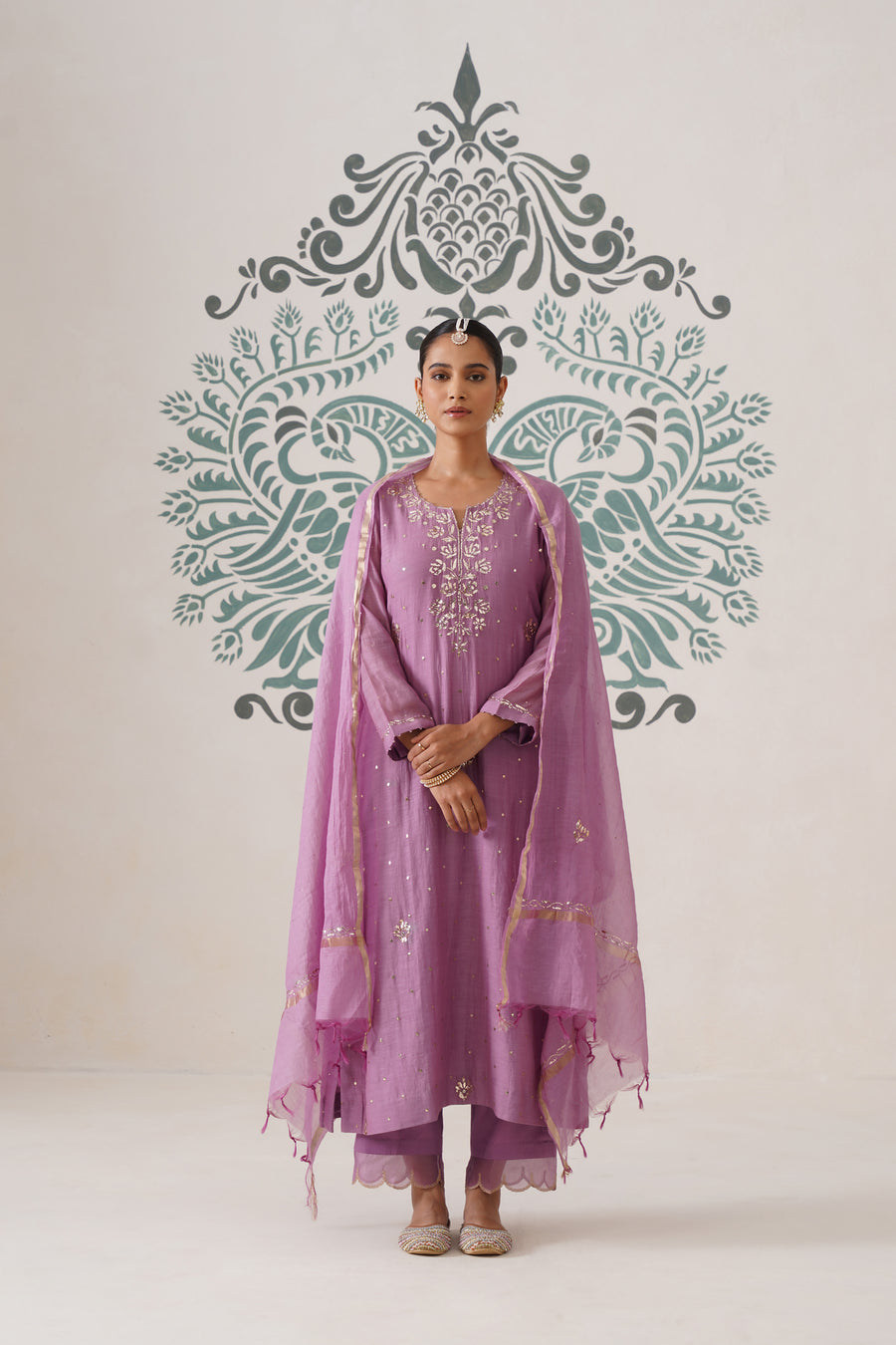 Chikankari Mul Chanderi 3pc Suit - Opera Mauve