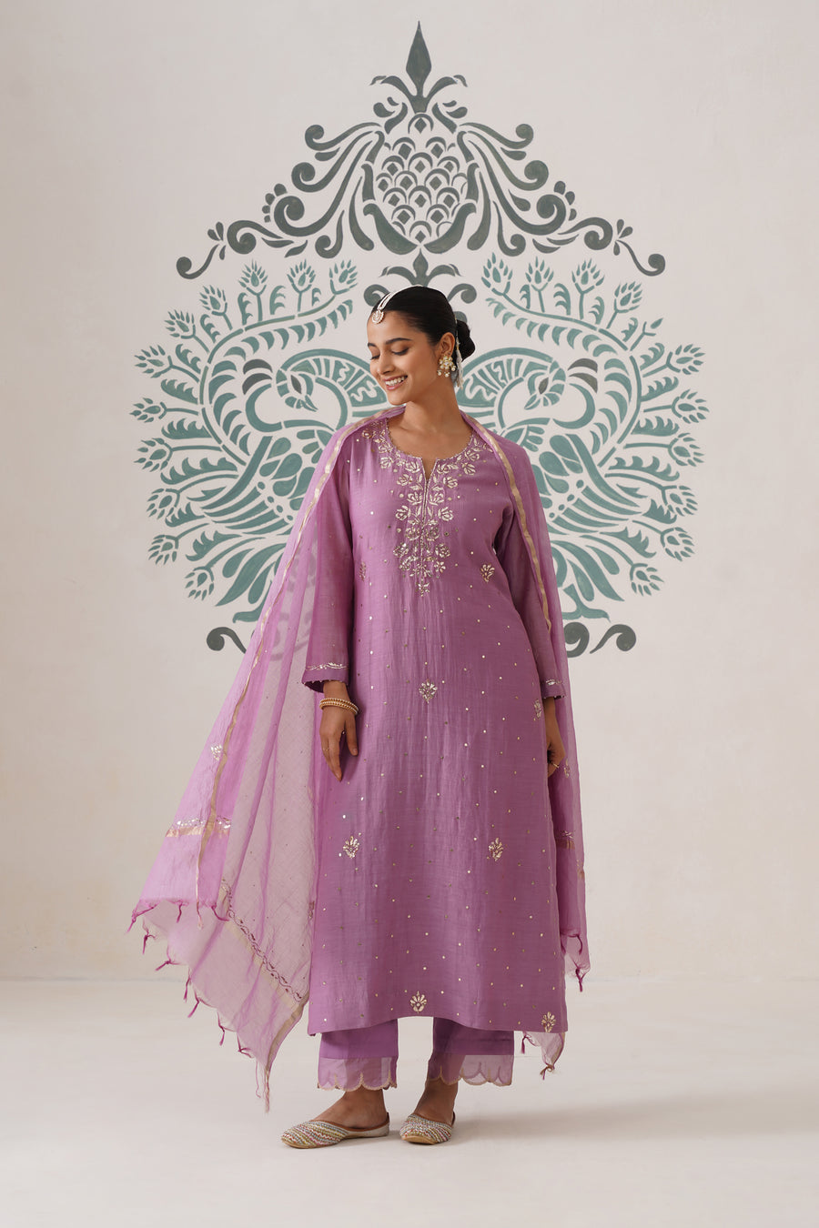 Chikankari Mul Chanderi 3pc Suit - Opera Mauve