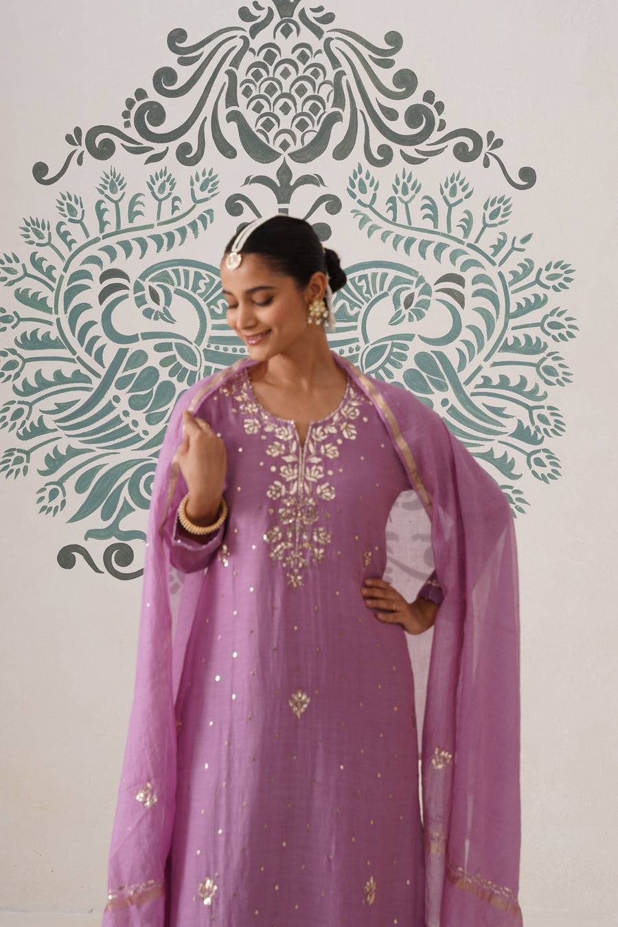 Chikankari Mul Chanderi 3pc Suit - Opera Mauve