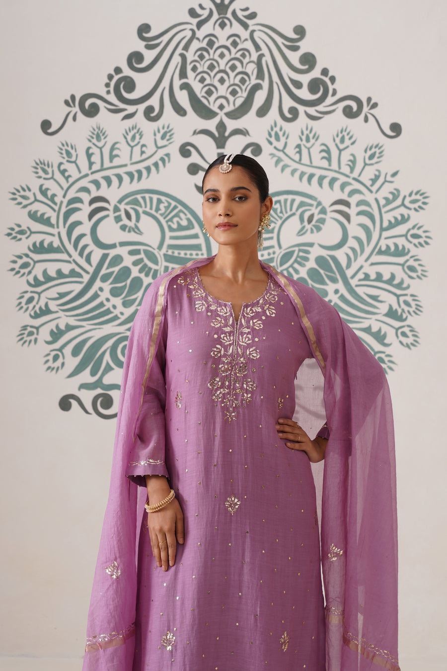 Chikankari Mul Chanderi 3pc Suit - Opera Mauve