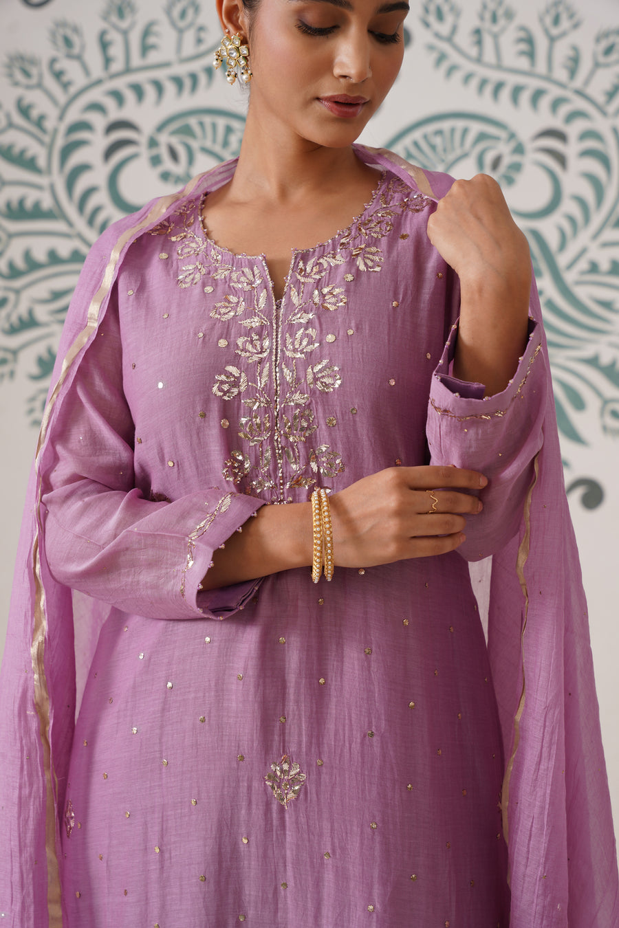 Chikankari Mul Chanderi 3pc Suit - Opera Mauve