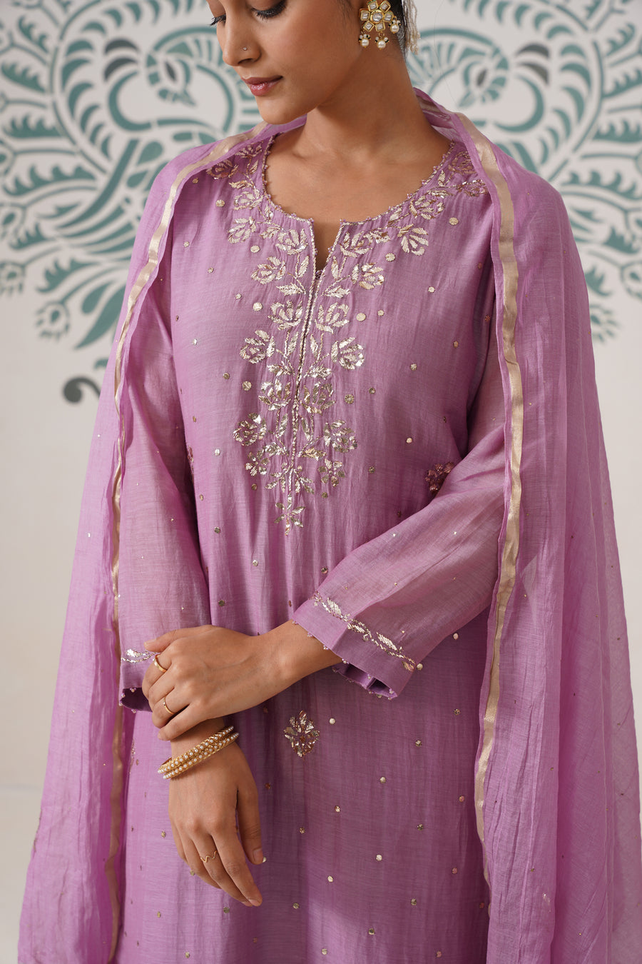 Chikankari Mul Chanderi 3pc Suit - Opera Mauve