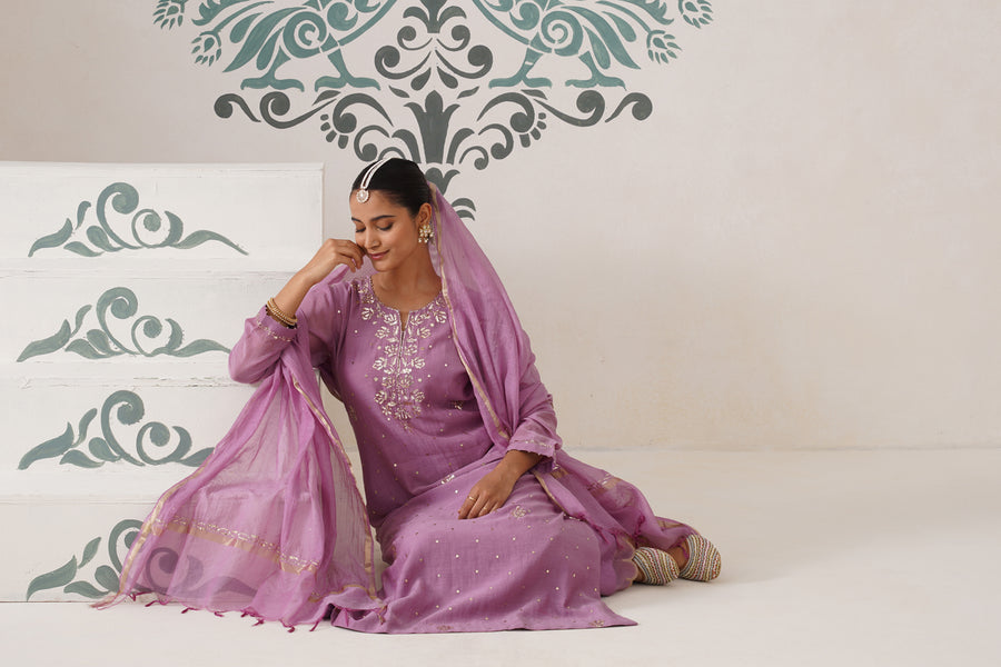 Chikankari Mul Chanderi 3pc Suit - Opera Mauve
