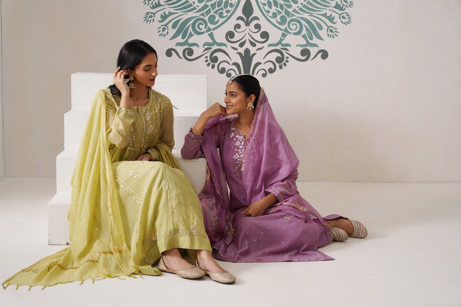 Chikankari Mul Chanderi 3pc Suit - Dark Lime