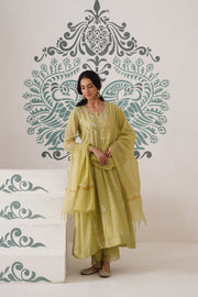 Chikankari Mul Chanderi 3pc Suit - Dark Lime