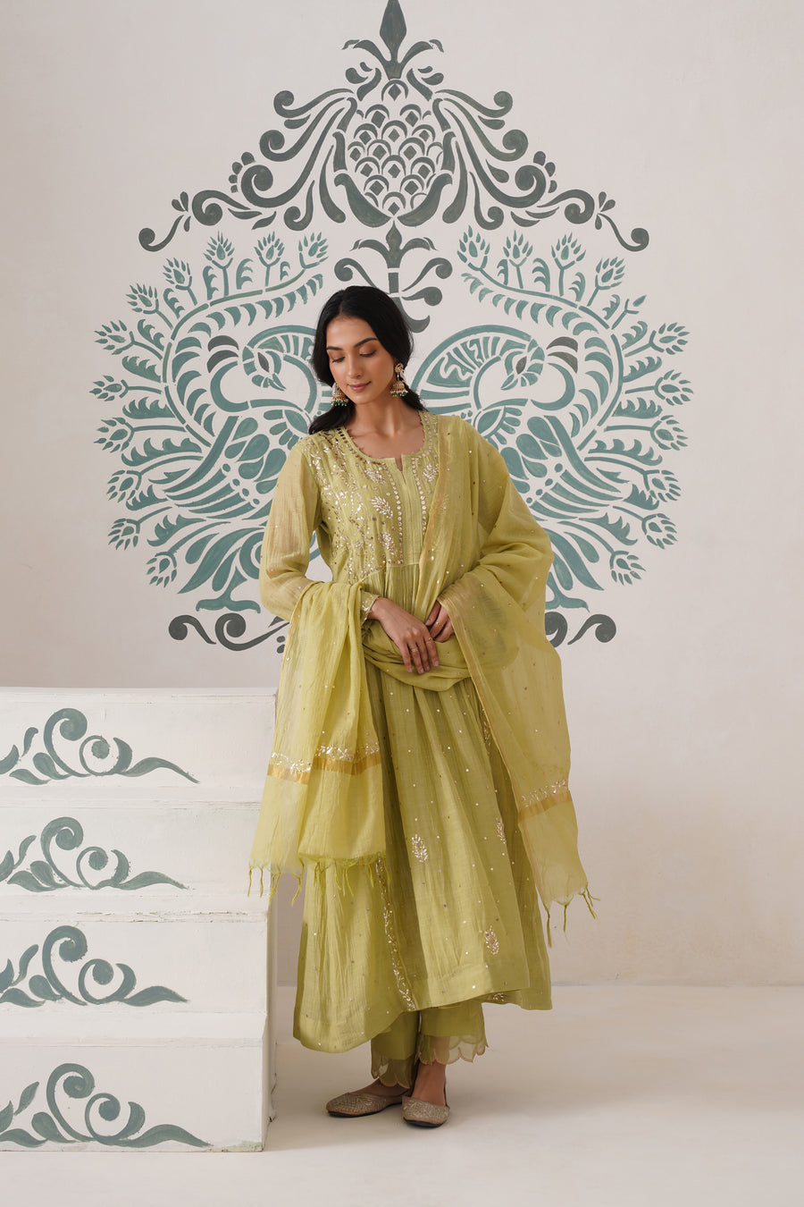 Chikankari Mul Chanderi 3pc Suit - Dark Lime