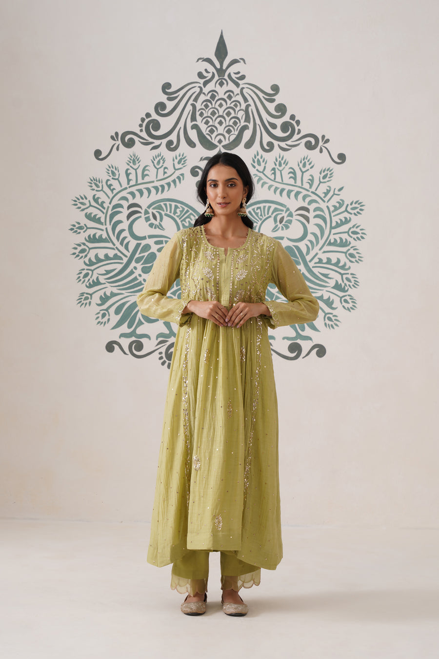 Chikankari Mul Chanderi 3pc Suit - Dark Lime