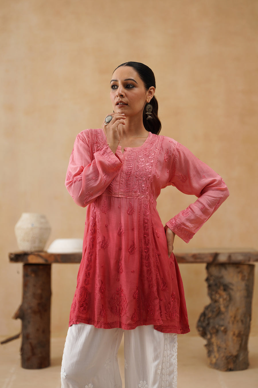 Muslin Short Kurti - Ombre Pink