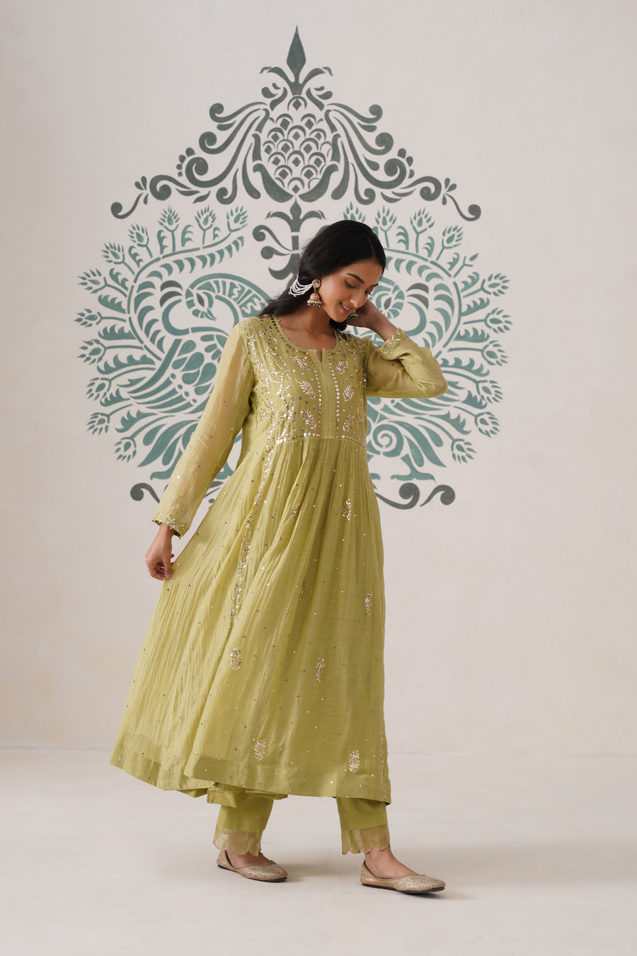 Chikankari Mul Chanderi 3pc Suit - Dark Lime