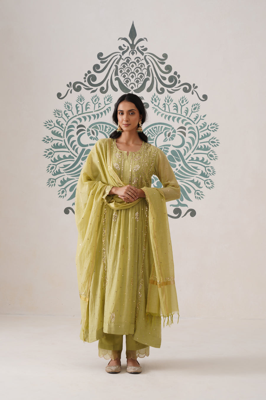 Chikankari Mul Chanderi 3pc Suit - Dark Lime