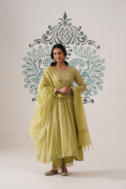 Chikankari Mul Chanderi 3pc Suit - Dark Lime
