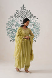 Chikankari Mul Chanderi 3pc Suit - Dark Lime