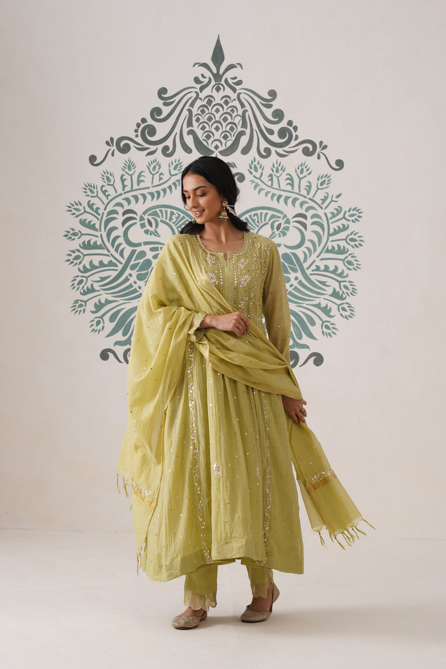 Chikankari Mul Chanderi 3pc Suit - Dark Lime