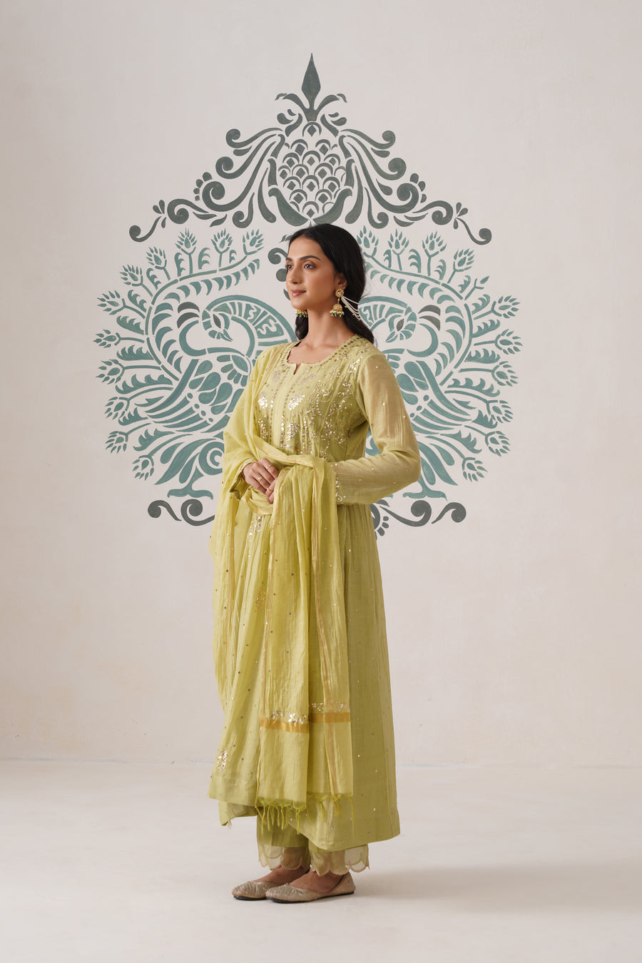 Chikankari Mul Chanderi 3pc Suit - Dark Lime