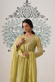 Chikankari Mul Chanderi 3pc Suit - Dark Lime