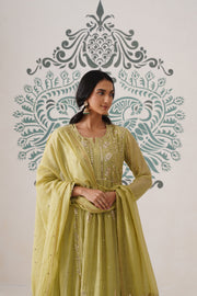 Chikankari Mul Chanderi 3pc Suit - Dark Lime