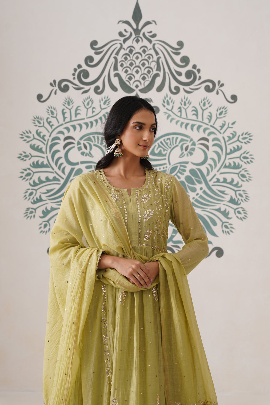 Chikankari Mul Chanderi 3pc Suit - Dark Lime